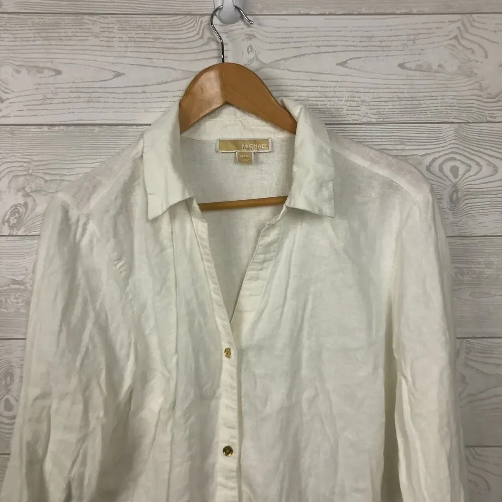 MICHAEL Michael Kors Women's XL Linen Blend Long Sleeve Button Front Shirt White